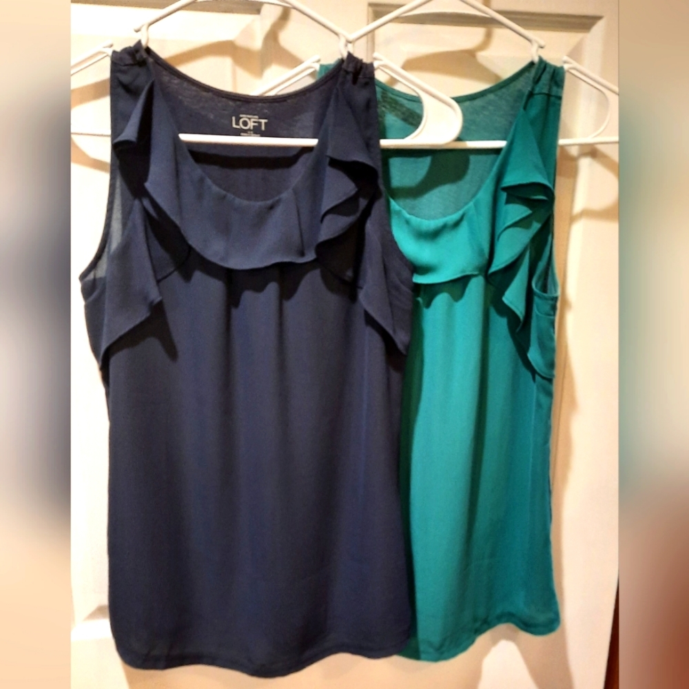 LOFT Ruffle Neck Sleeveless Blouse in Navy and Teal
